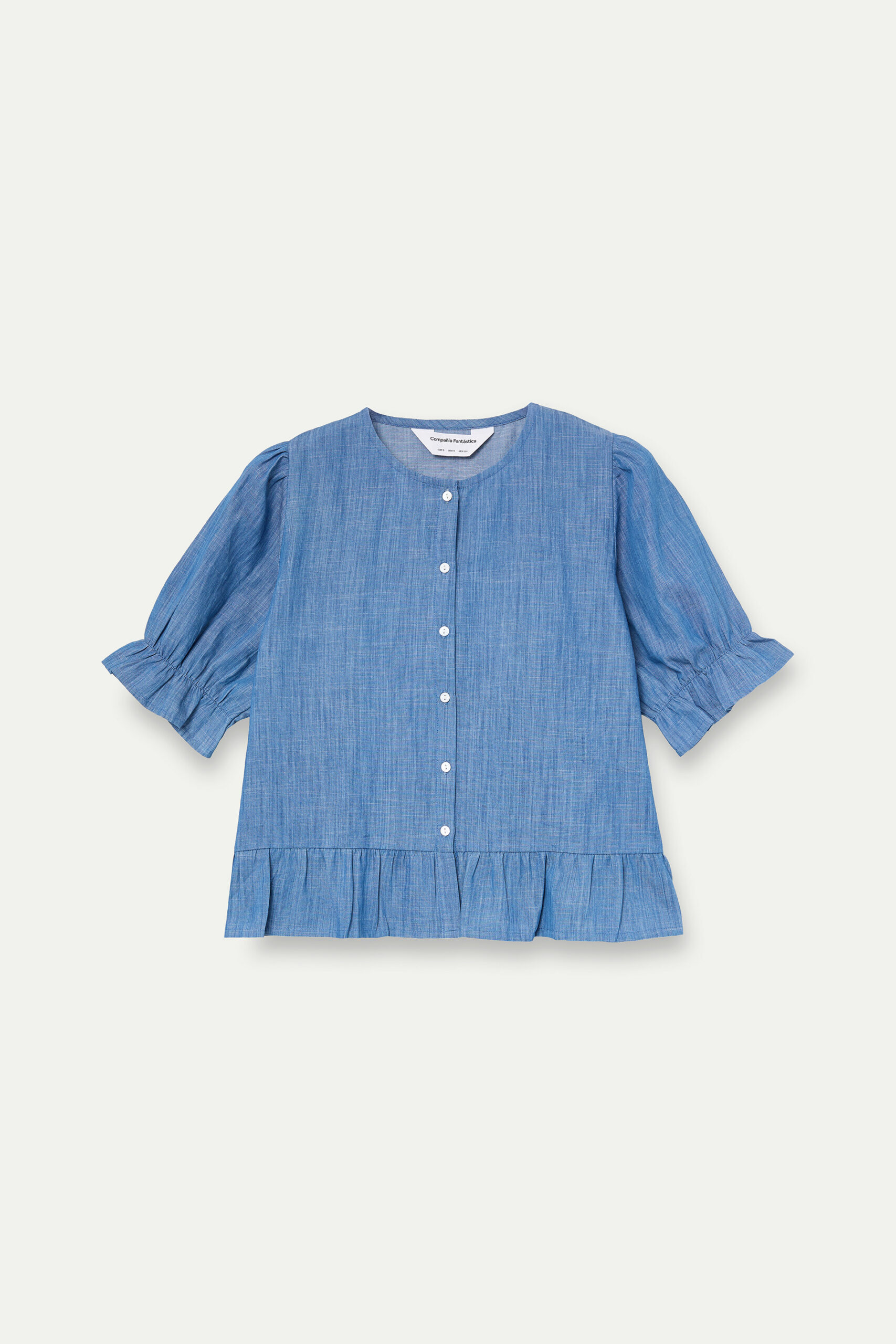 Camisa chambray azul de algodón con volantes
