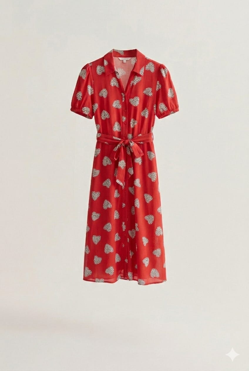 Vestido midi rojo con estampado Harmony y lazada en la cintura