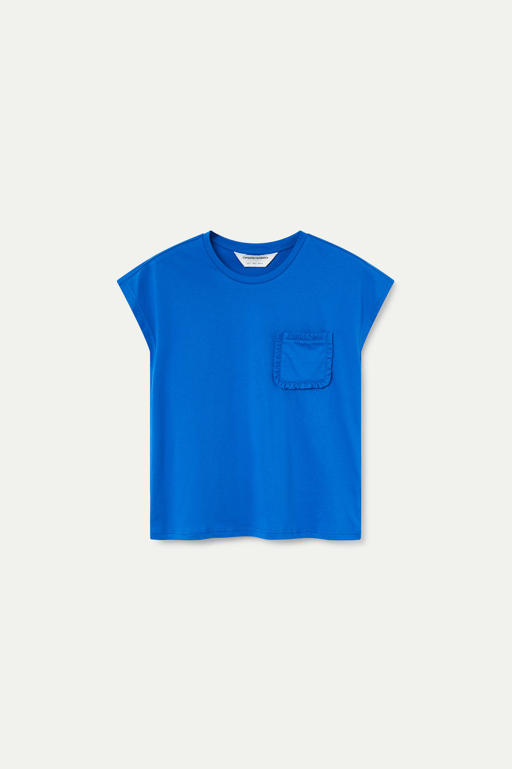 Camiseta básica azul con bolsillo de volantes