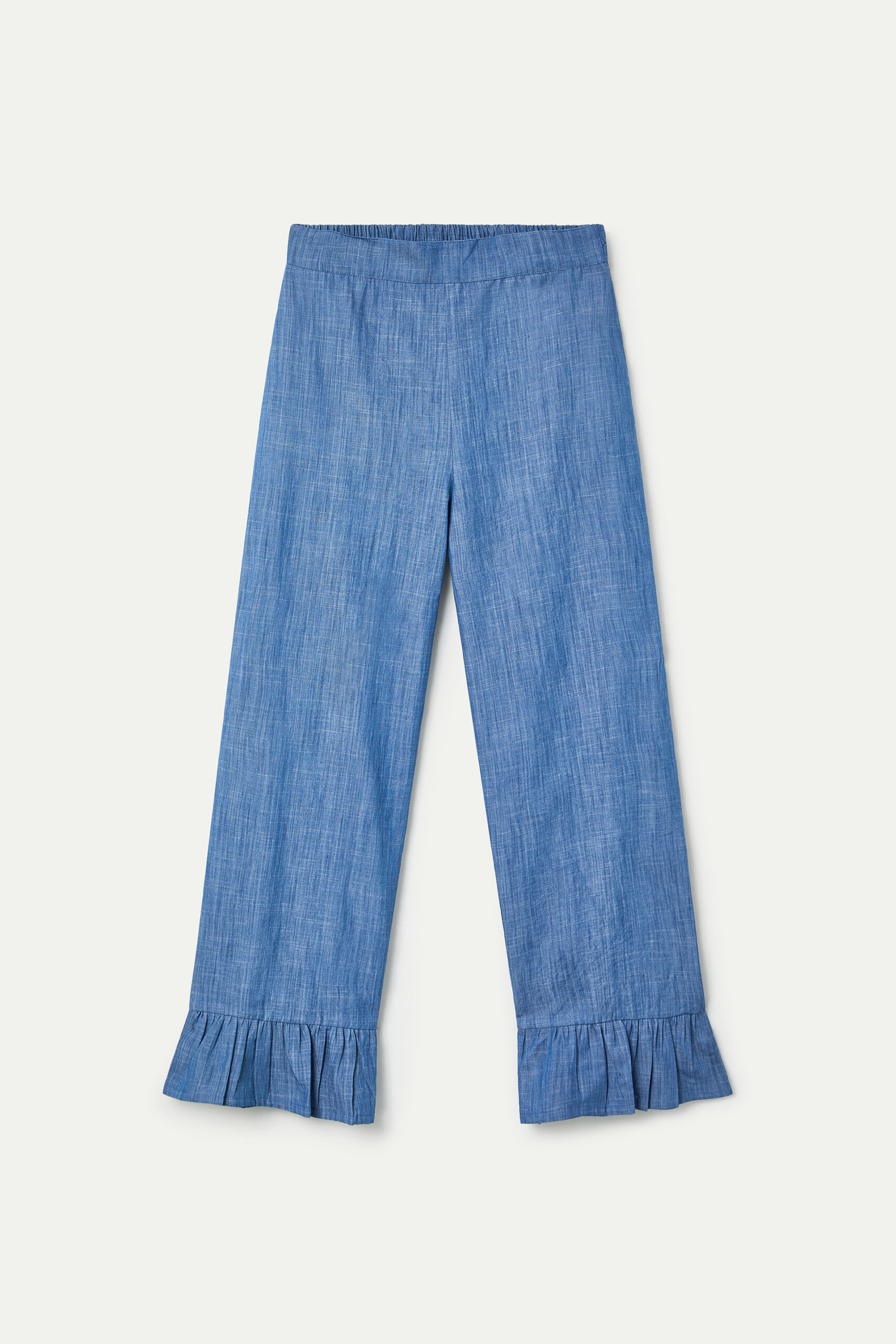 Pantalón chambray azul de algodón con volantes